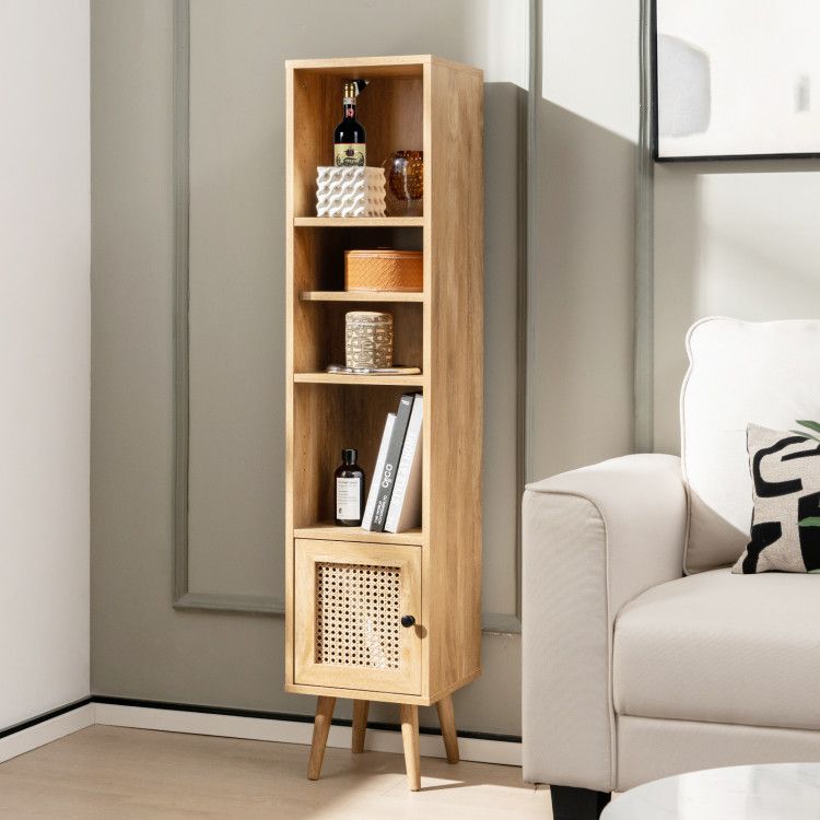 Slim Rattan Storage Cabinet with Adjustable Shelf and Boho Style