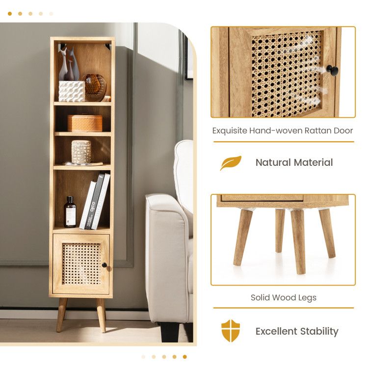 Slim Rattan Storage Cabinet with Adjustable Shelf and Boho Style