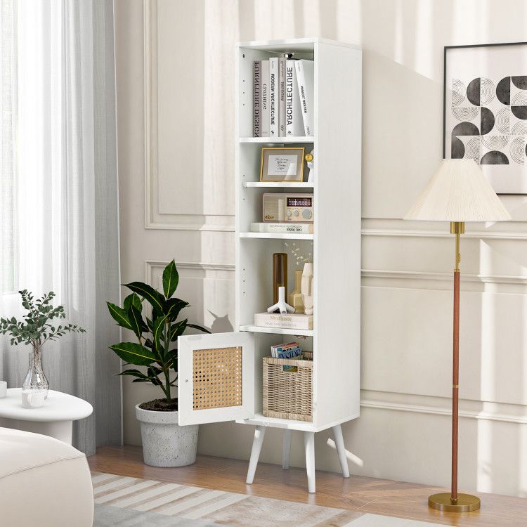 Slim Rattan Storage Cabinet with Adjustable Shelf and Boho Style