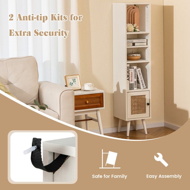 Slim Rattan Storage Cabinet with Adjustable Shelf and Boho Style