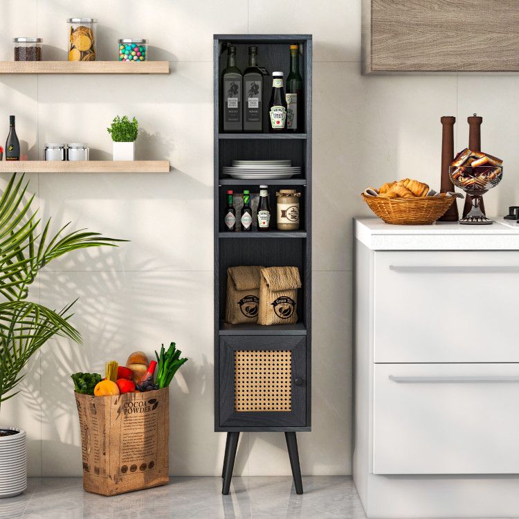 Slim Rattan Storage Cabinet with Adjustable Shelf and Boho Style
