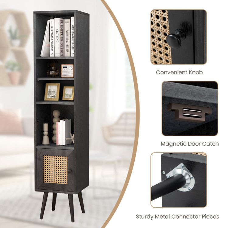 Slim Rattan Storage Cabinet with Adjustable Shelf and Boho Style