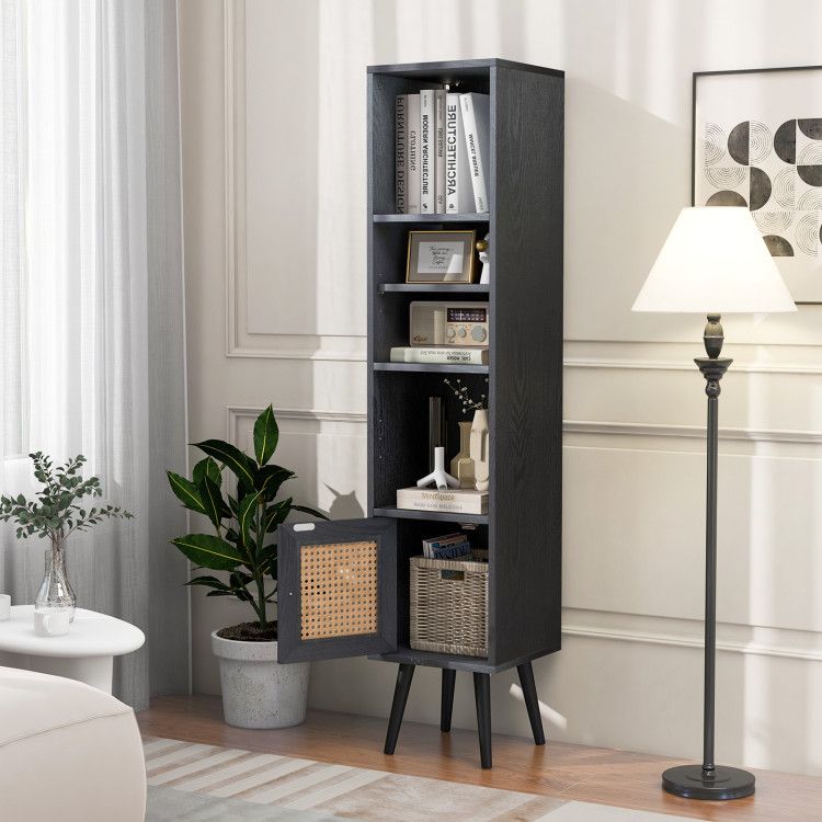 Slim Rattan Storage Cabinet with Adjustable Shelf and Boho Style