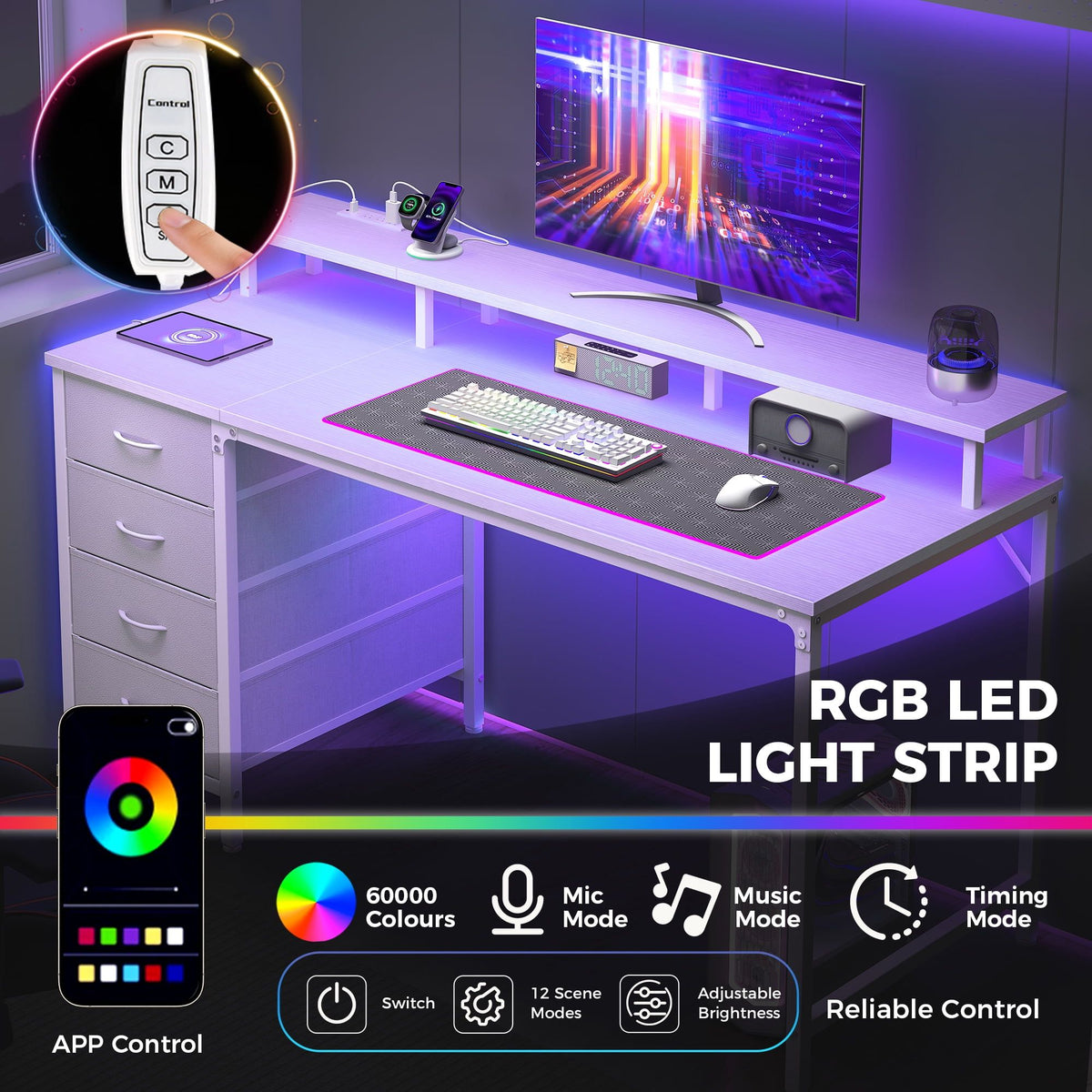 LED Gaming Desk with Power Outlets and Monitor Stand