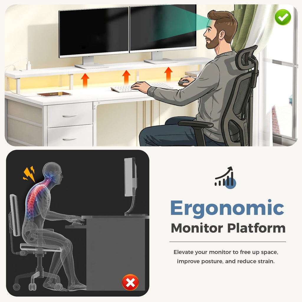 LED Gaming Desk with Power Outlets and Monitor Stand