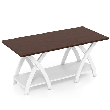 40 Farmhouse Wooden 2-Tier Coffee Table with Storage Shelf for Living Room
