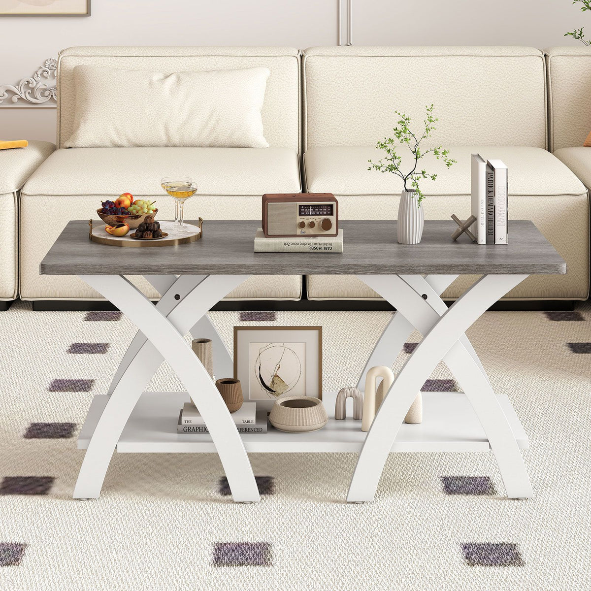 40 Farmhouse Wooden Coffee Table with Storage Shelf with X-shaped Legs