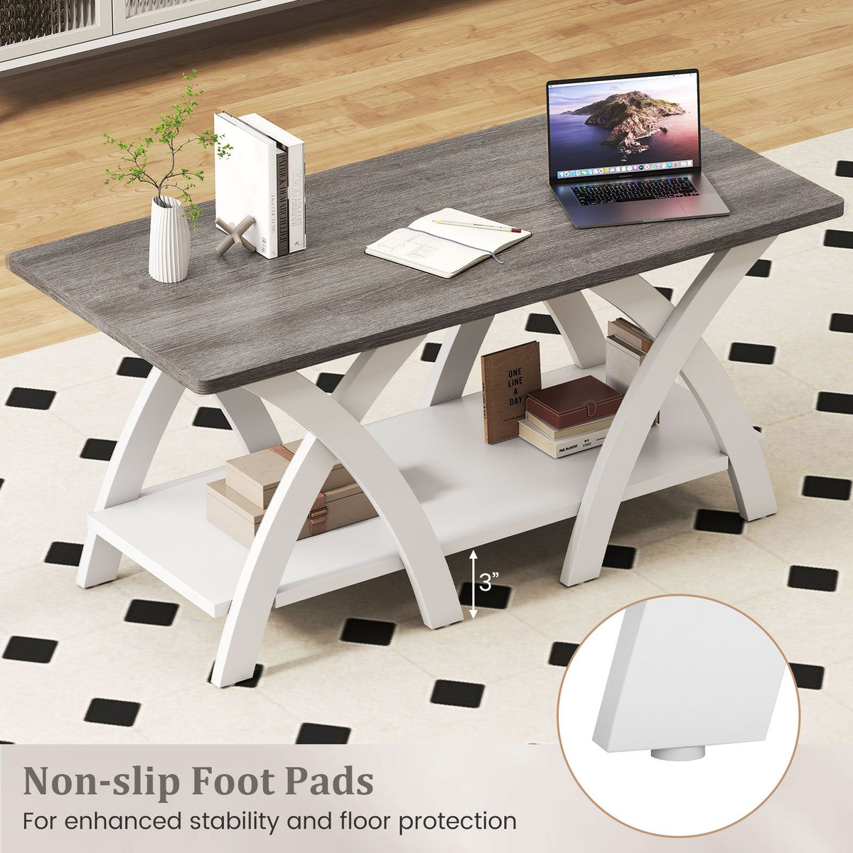 40 Farmhouse Wooden Coffee Table with Storage Shelf with X-shaped Legs