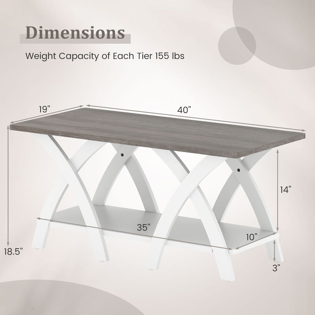 40 Farmhouse Wooden Coffee Table with Storage Shelf with X-shaped Legs