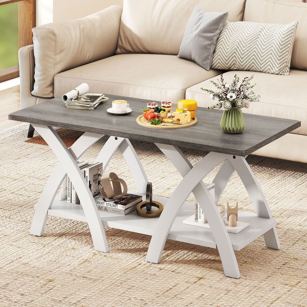 40 Farmhouse Wooden Coffee Table with Storage Shelf with X-shaped Legs