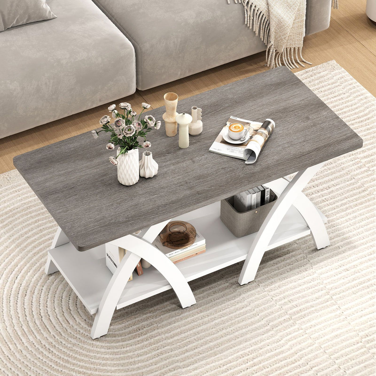 40 Farmhouse Wooden Coffee Table with Storage Shelf with X-shaped Legs