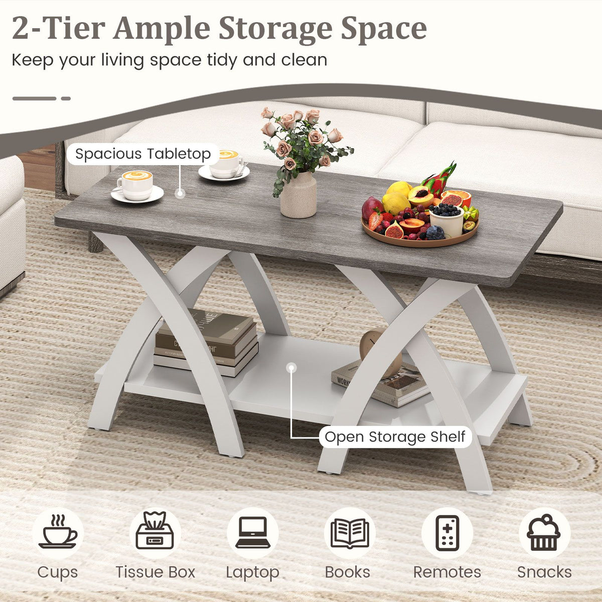 40 Farmhouse Wooden Coffee Table with Storage Shelf with X-shaped Legs