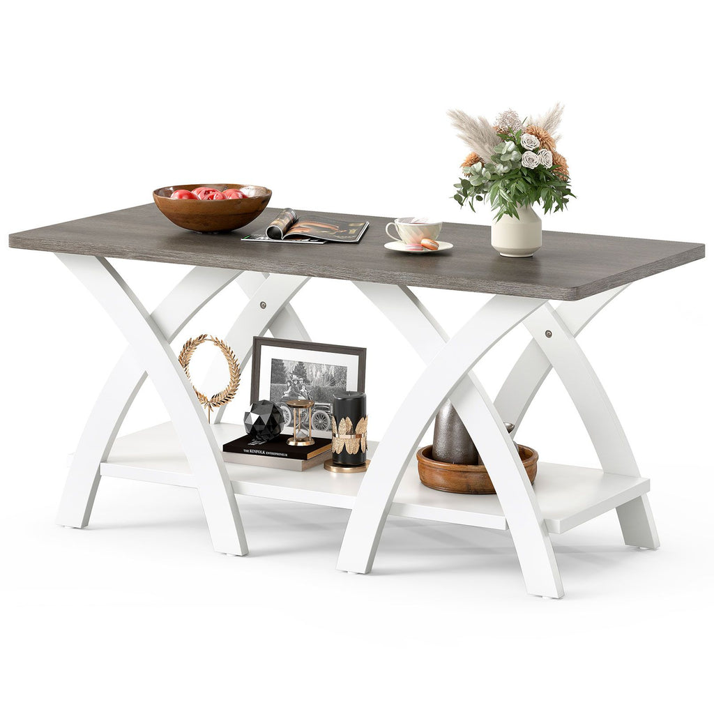40 Farmhouse Wooden Coffee Table with Storage Shelf with X-shaped Legs