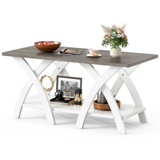 40 Farmhouse Wooden Coffee Table with Storage Shelf with X-shaped Legs