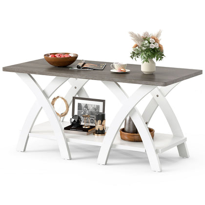 40 Farmhouse Wooden Coffee Table with Storage Shelf with X-shaped Legs