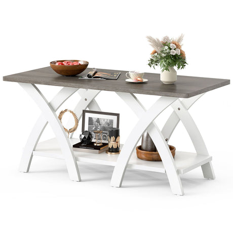 40 Farmhouse Wooden Coffee Table with Storage Shelf with X-shaped Legs