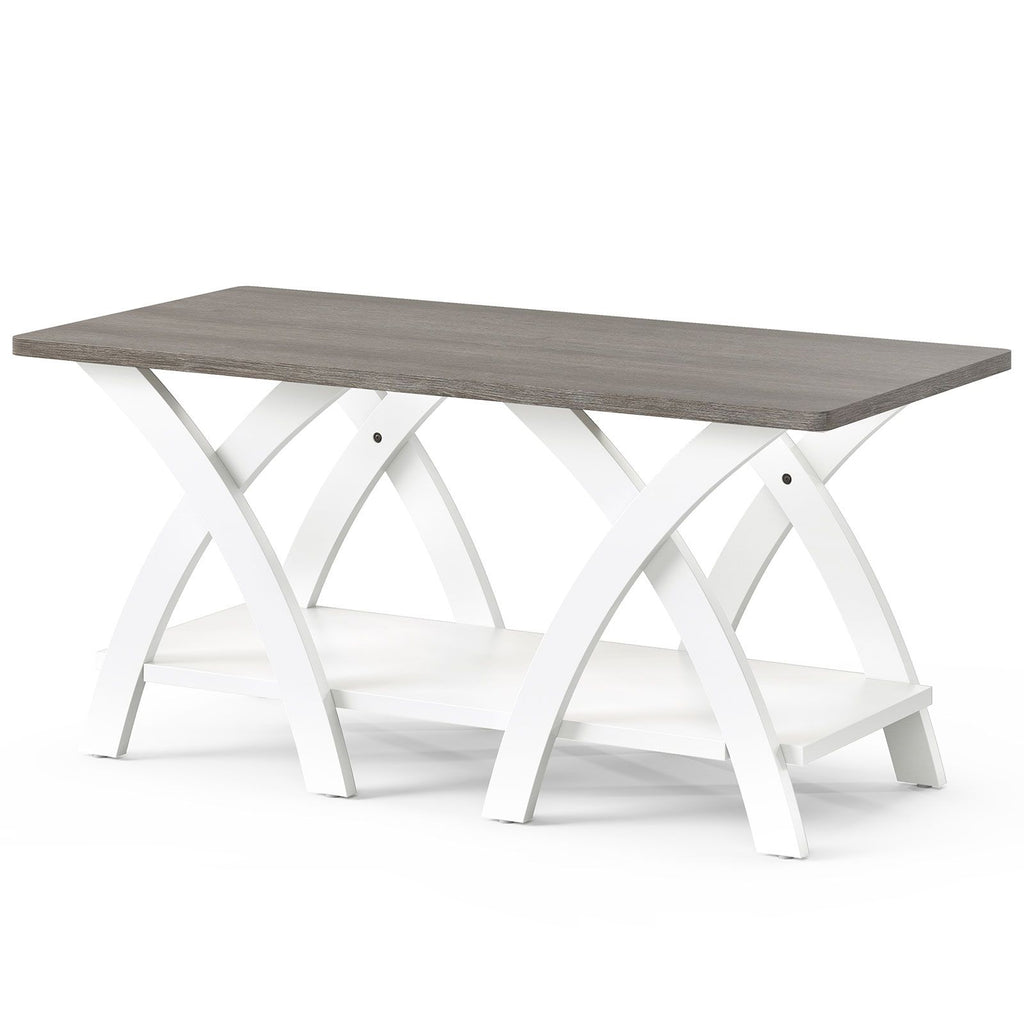 40 Farmhouse Wooden Coffee Table with Storage Shelf with X-shaped Legs