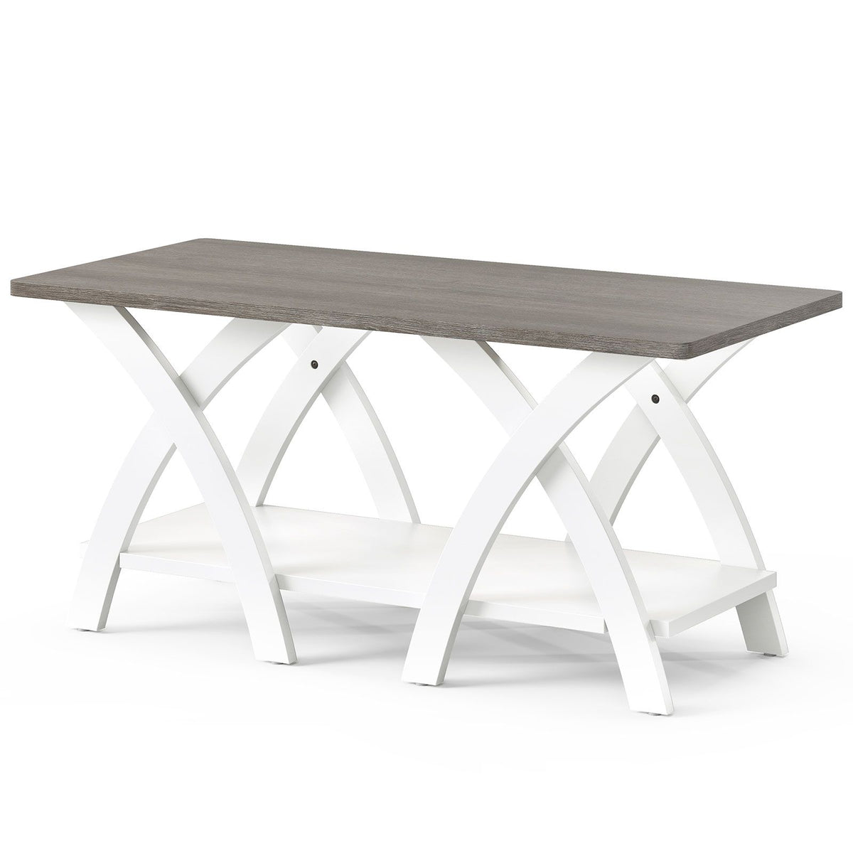 40 Farmhouse Wooden Coffee Table with Storage Shelf with X-shaped Legs