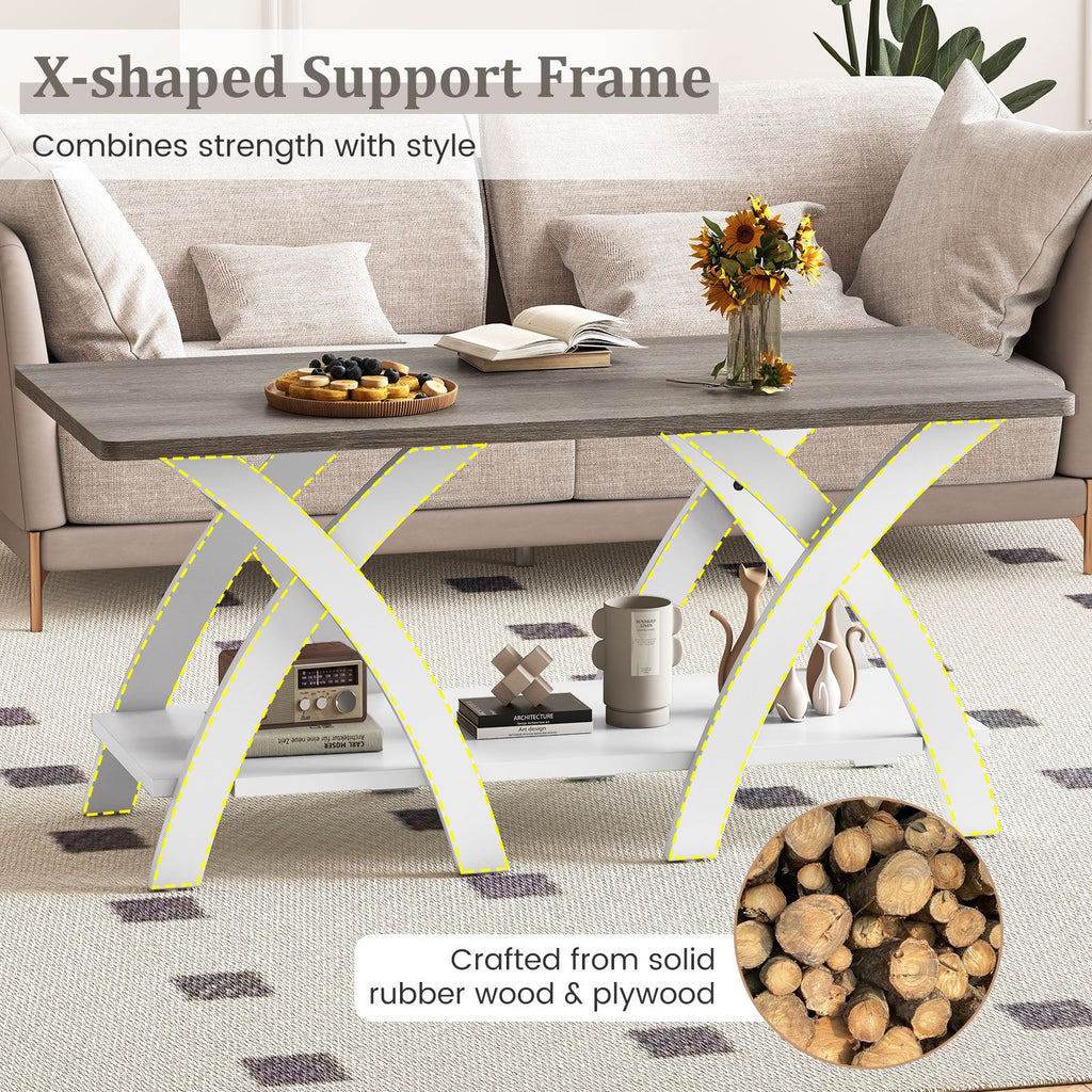 40 Farmhouse Wooden Coffee Table with Storage Shelf with X-shaped Legs