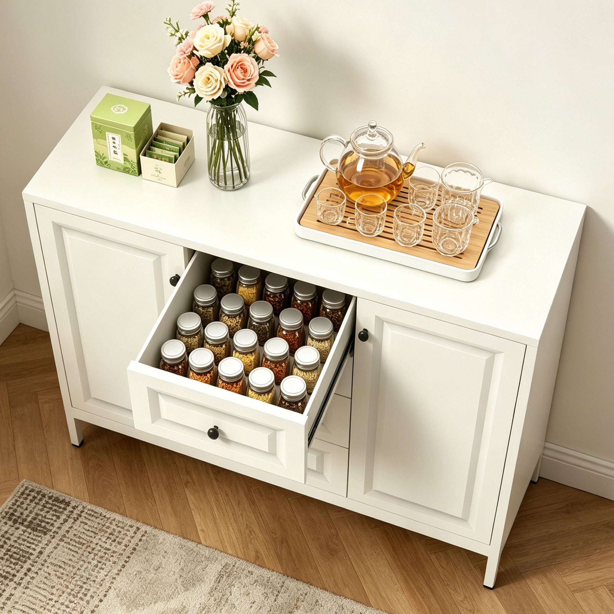Freestanding Storage Cabinet with Drawers and Adjustable Shelves
