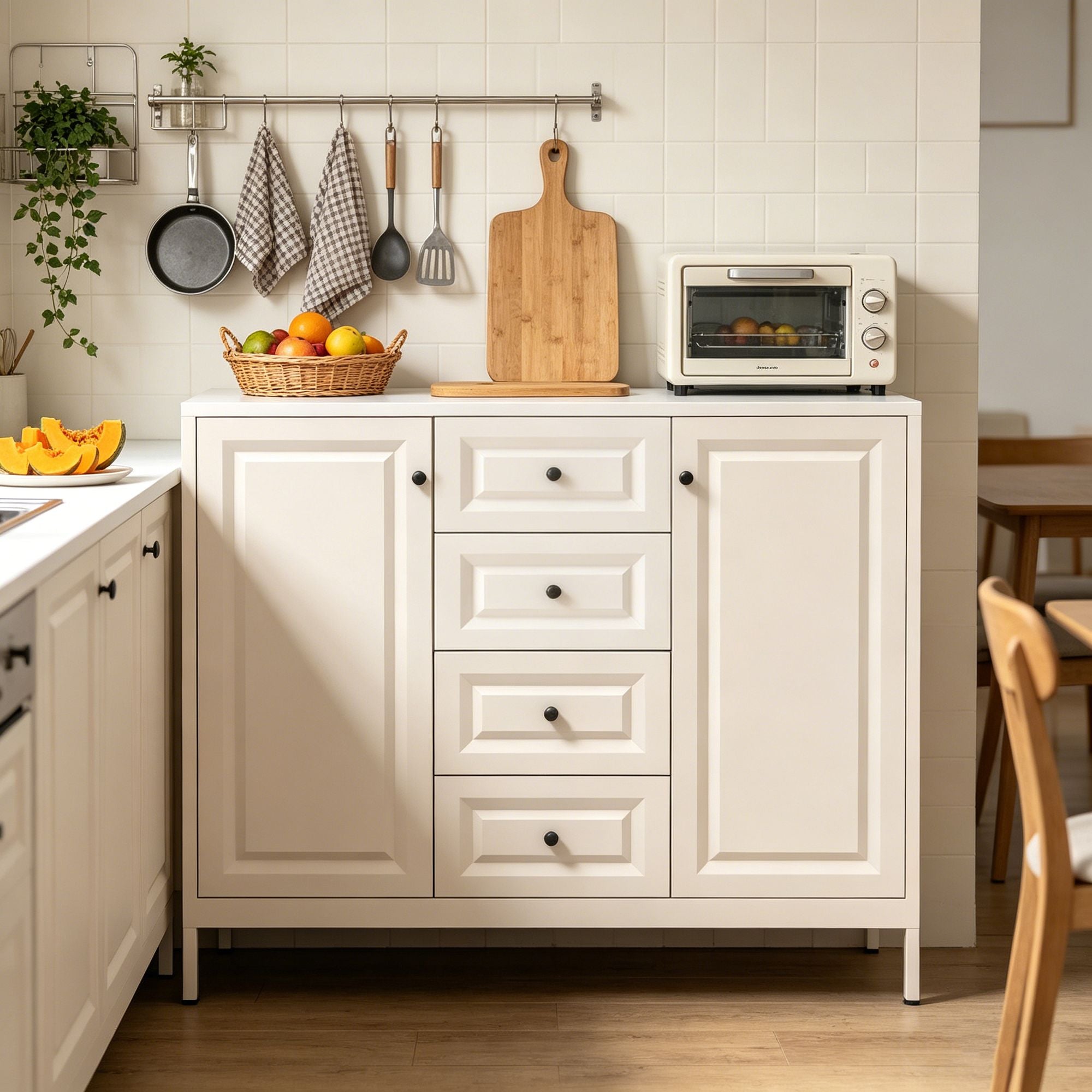 Freestanding Storage Cabinet with Drawers and Adjustable Shelves