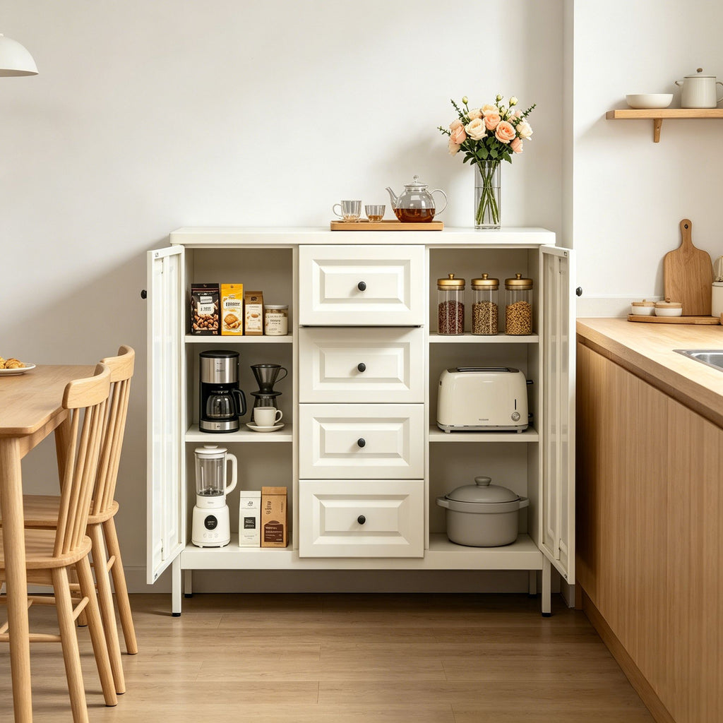 Freestanding Storage Cabinet with Drawers and Adjustable Shelves