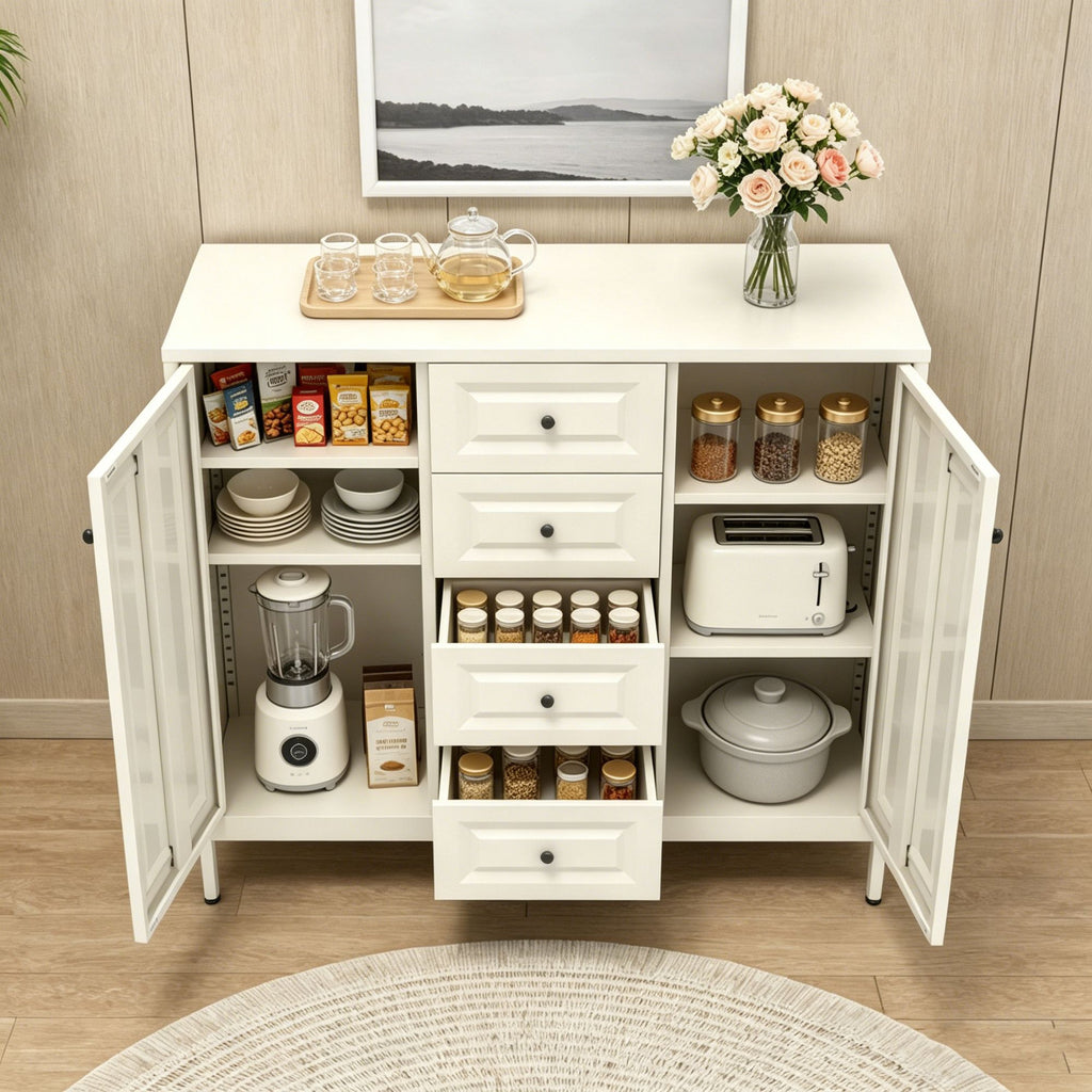 Freestanding Storage Cabinet with Drawers and Adjustable Shelves