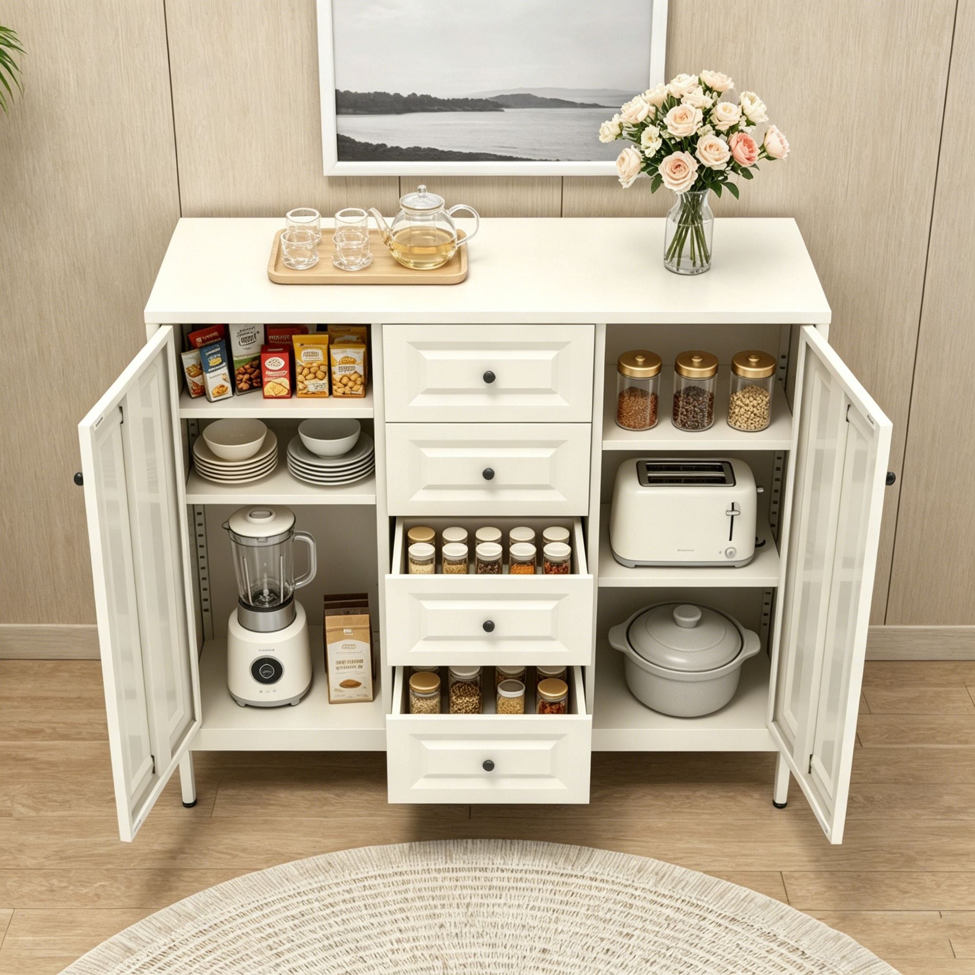 Freestanding Storage Cabinet with Drawers and Adjustable Shelves