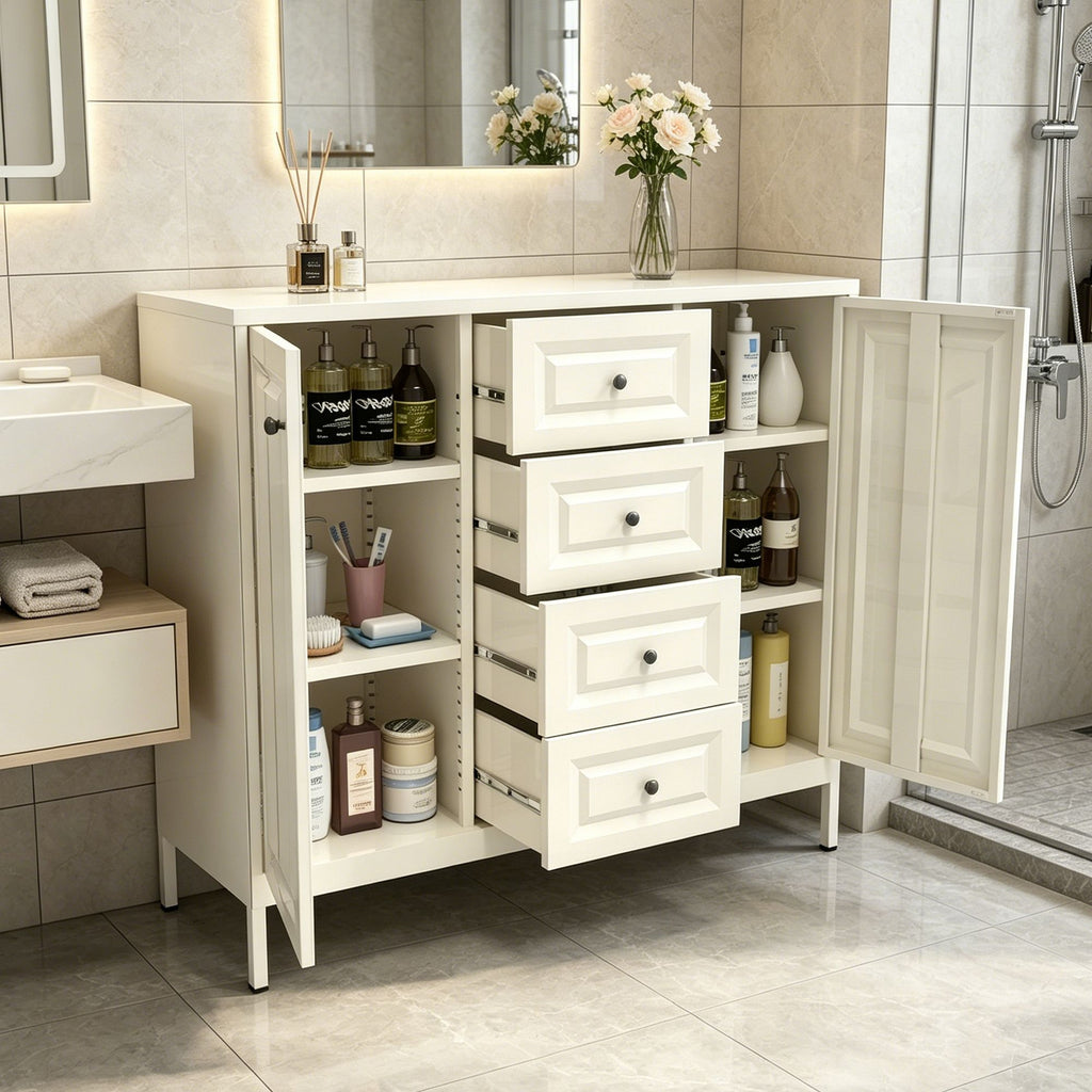 Freestanding Storage Cabinet with Drawers and Adjustable Shelves