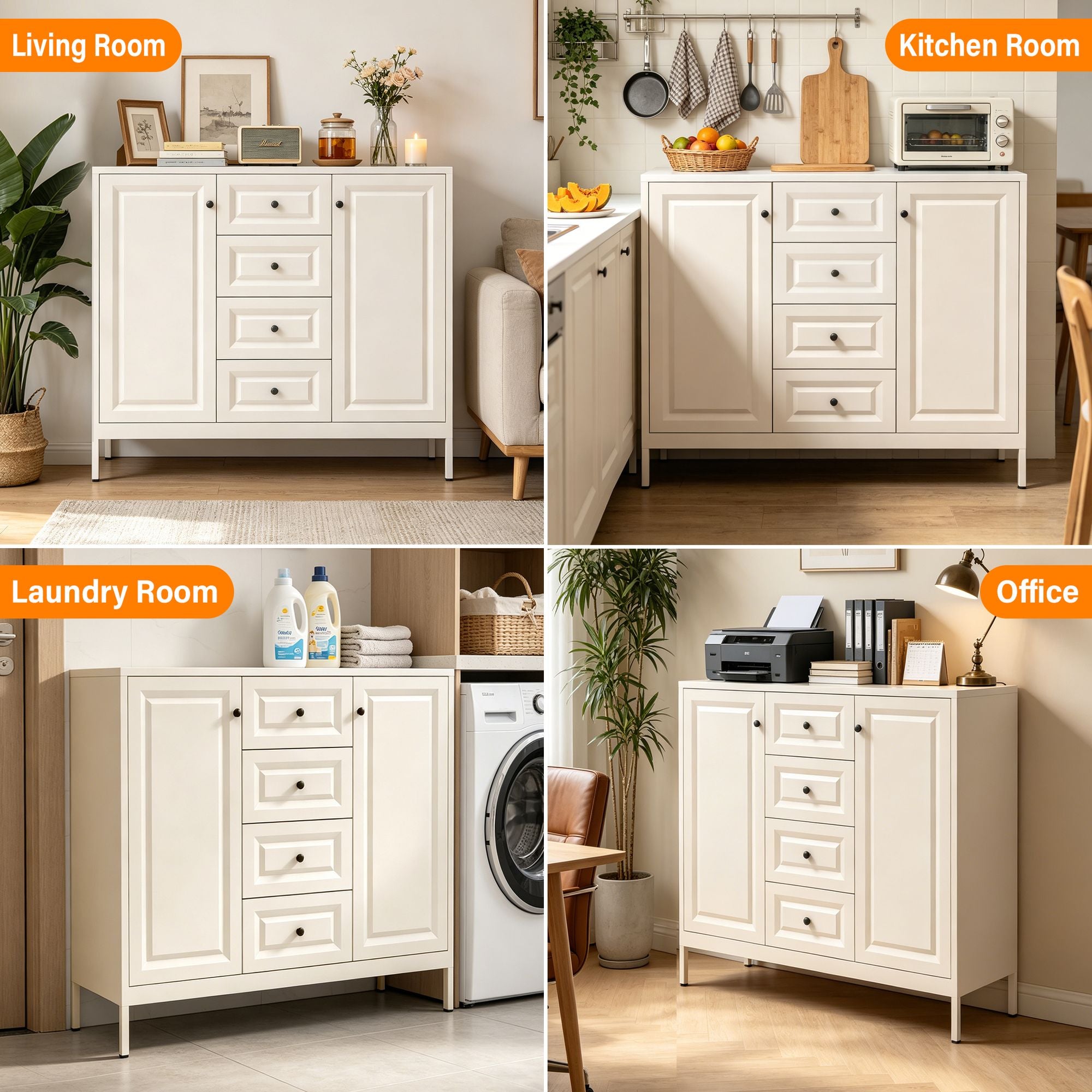 Freestanding Storage Cabinet with Drawers and Adjustable Shelves