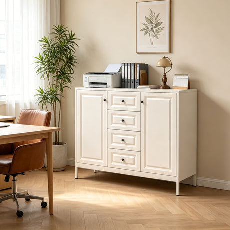 Freestanding Storage Cabinet with Drawers and Adjustable Shelves