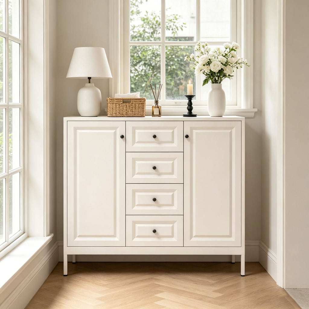 Freestanding Storage Cabinet with Drawers and Adjustable Shelves