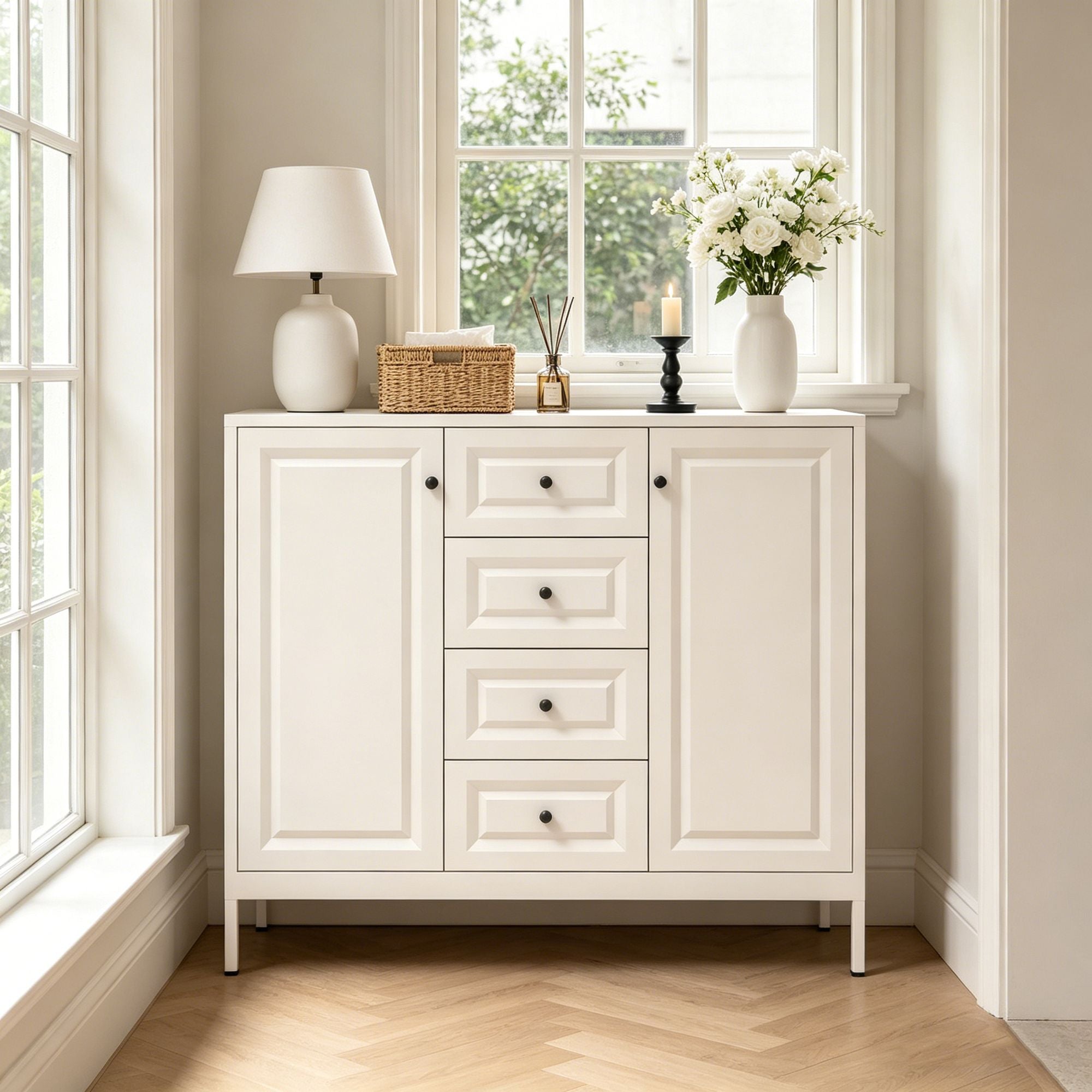 Freestanding Storage Cabinet with Drawers and Adjustable Shelves