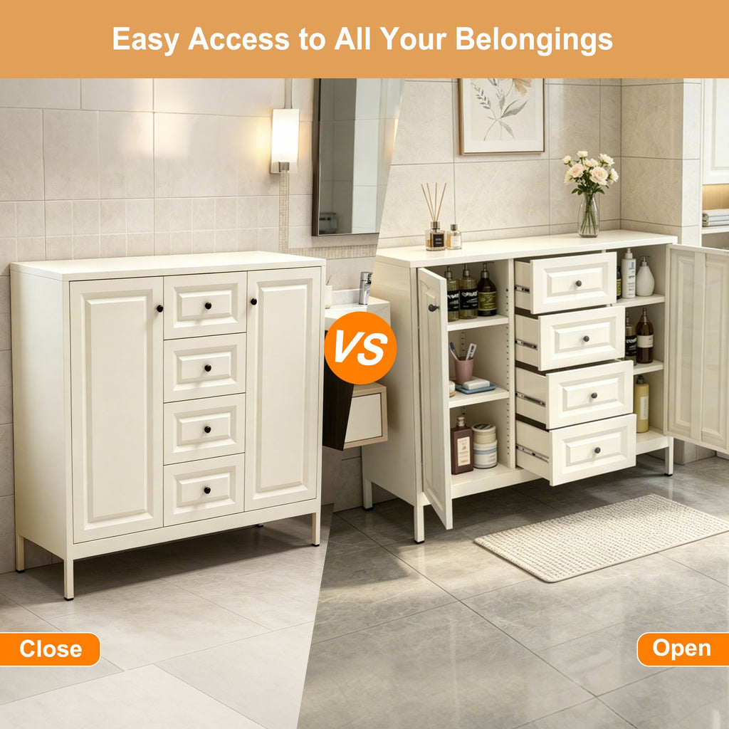 Freestanding Storage Cabinet with Drawers and Adjustable Shelves