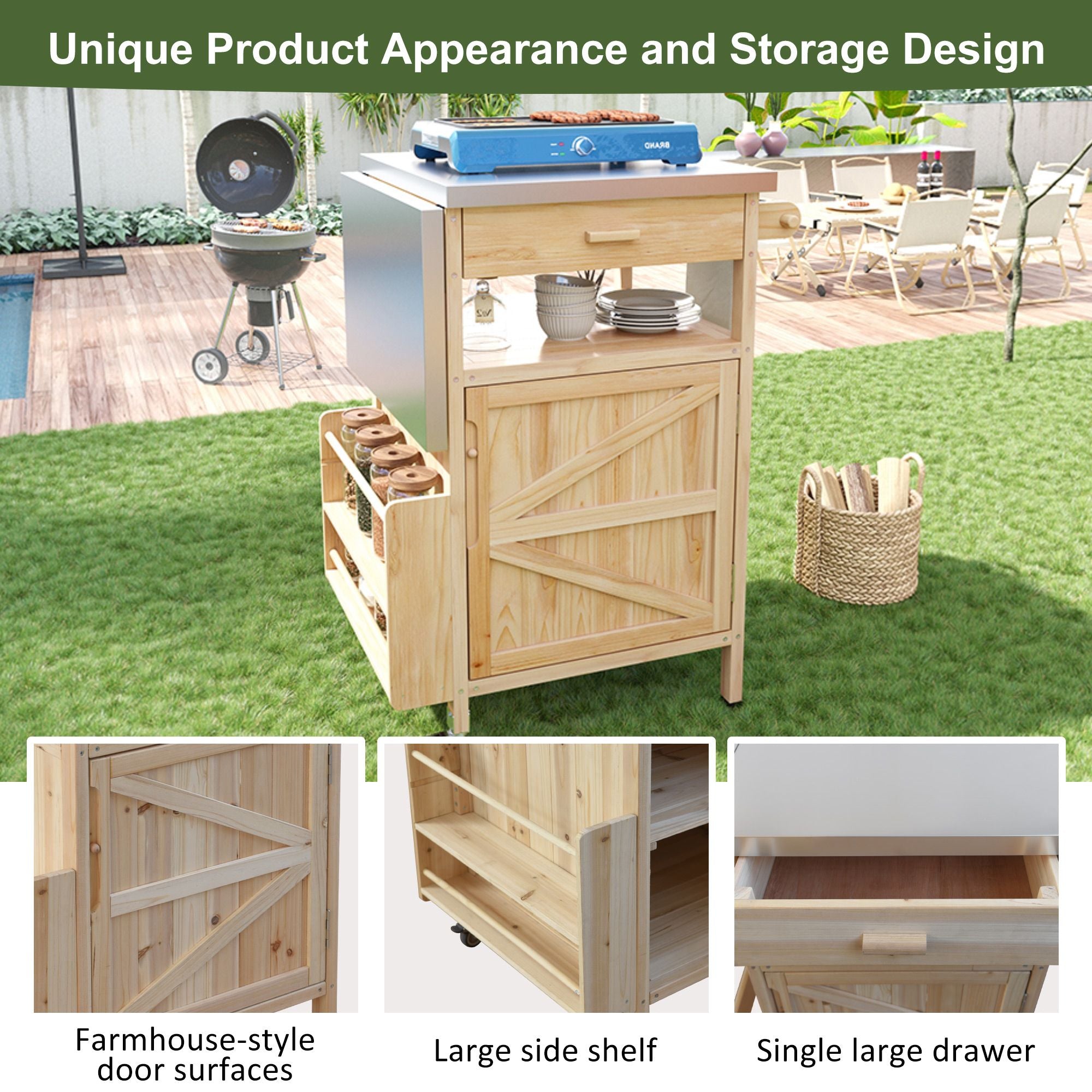 40.5- Outdoor Grill Cart with Stainless Steel Top and Drop Leaf