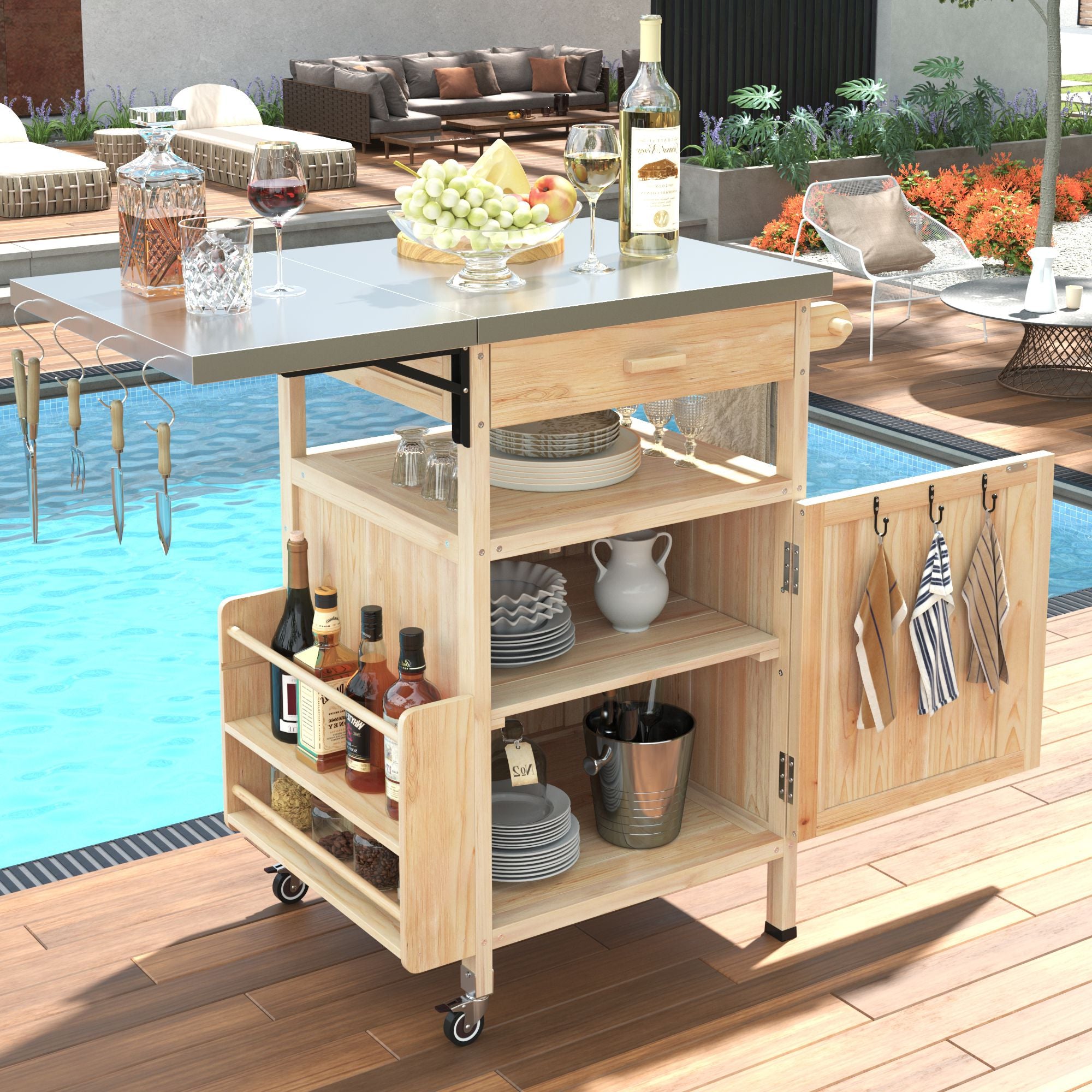 40.5- Outdoor Grill Cart with Stainless Steel Top and Drop Leaf