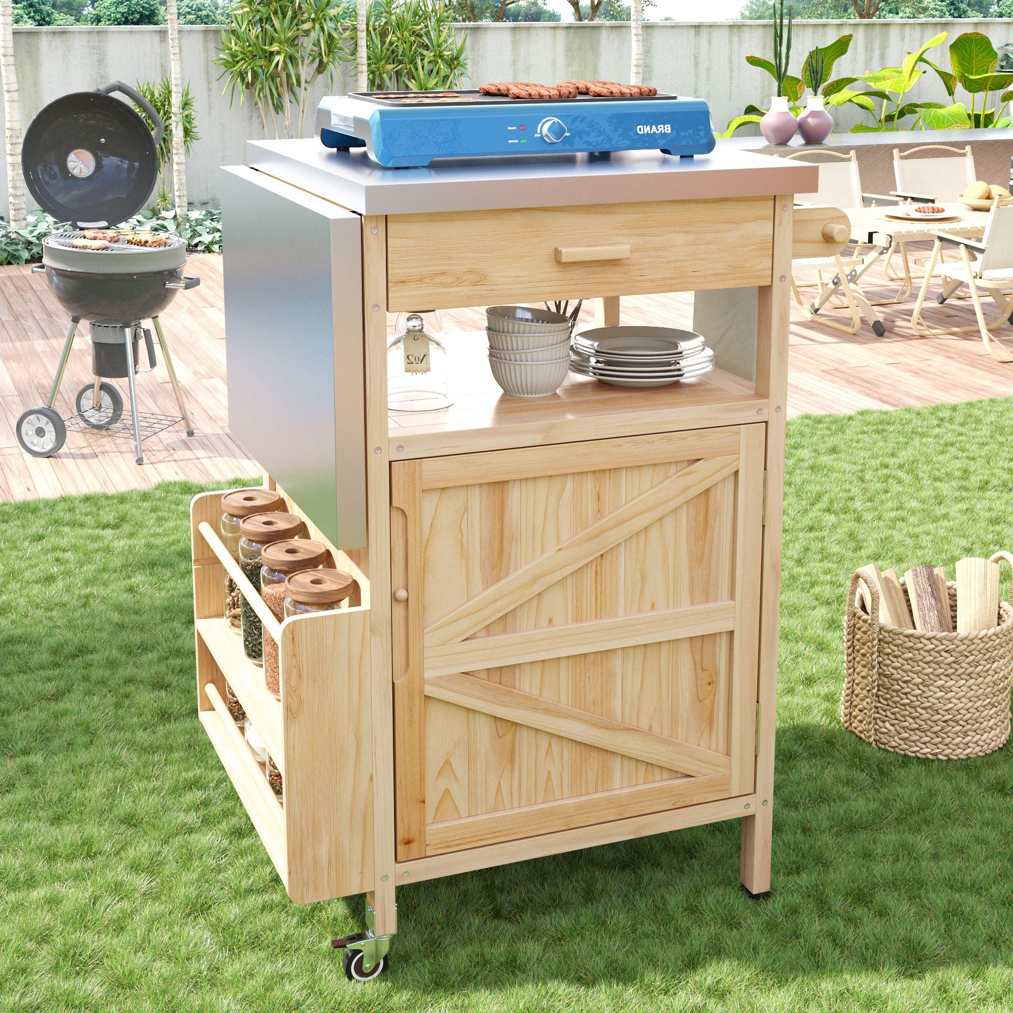 40.5- Outdoor Grill Cart with Stainless Steel Top and Drop Leaf