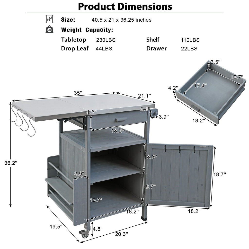 40.5- Outdoor Grill Cart with Stainless Steel Top and Drop Leaf