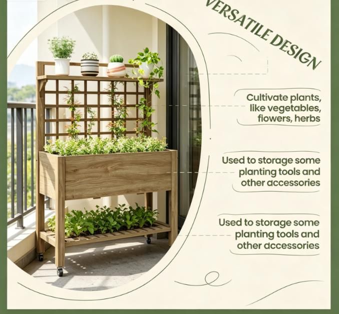 Mobile Raised Planter with Trellis and Shelves