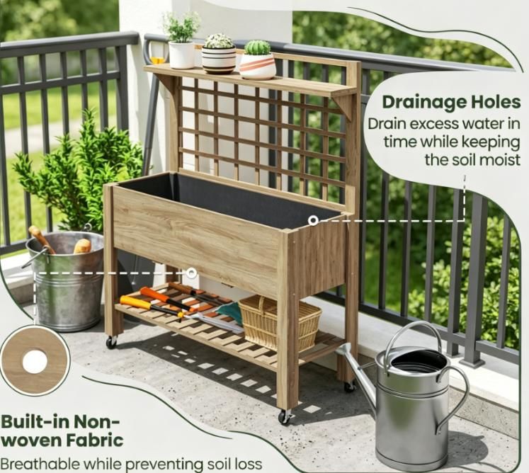 Mobile Raised Planter with Trellis and Shelves