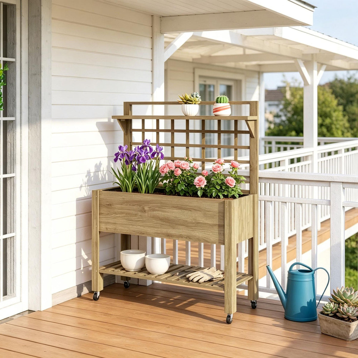 Mobile Raised Planter with Trellis and Shelves