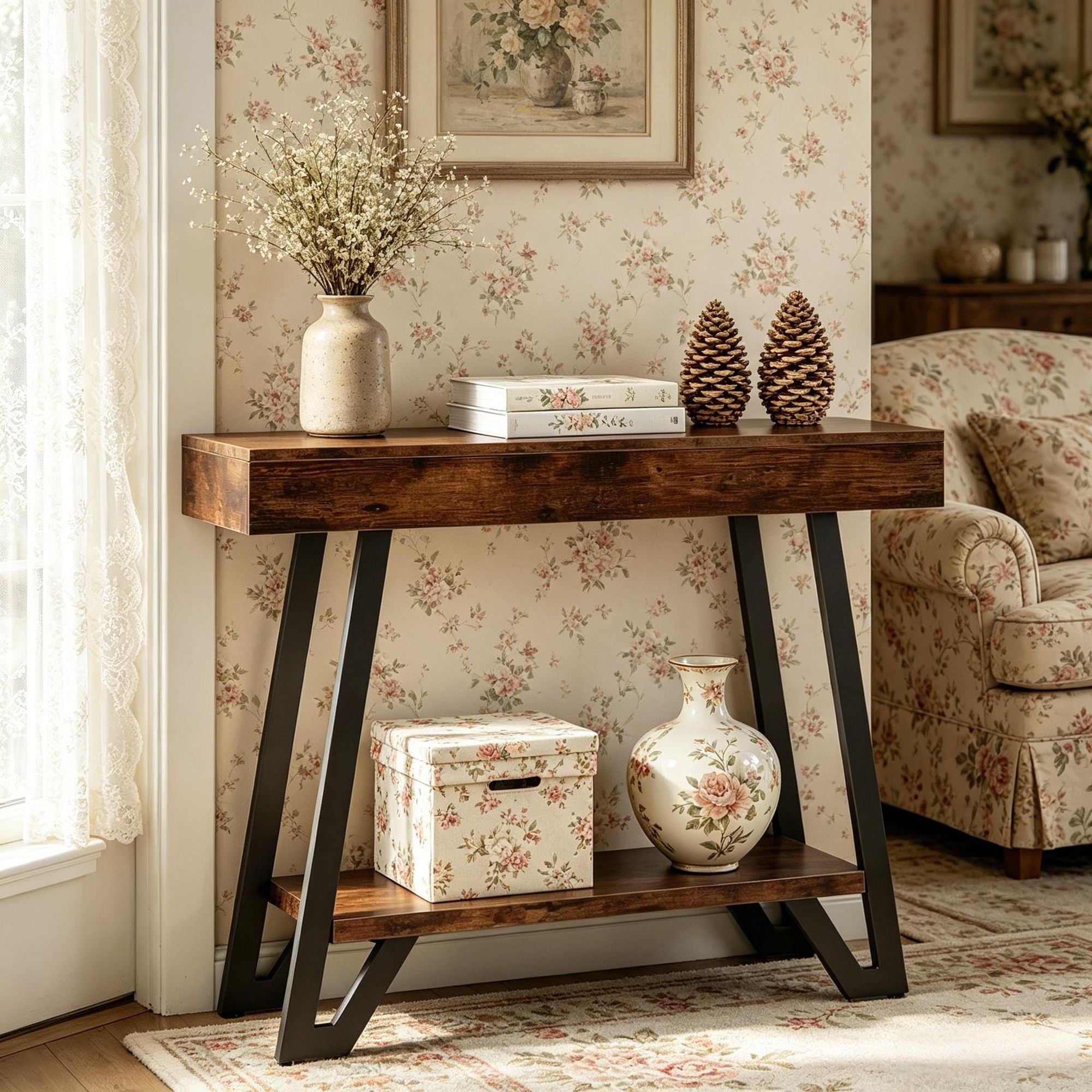 Industrial Two-Tier Console Table with Geometric Black Base