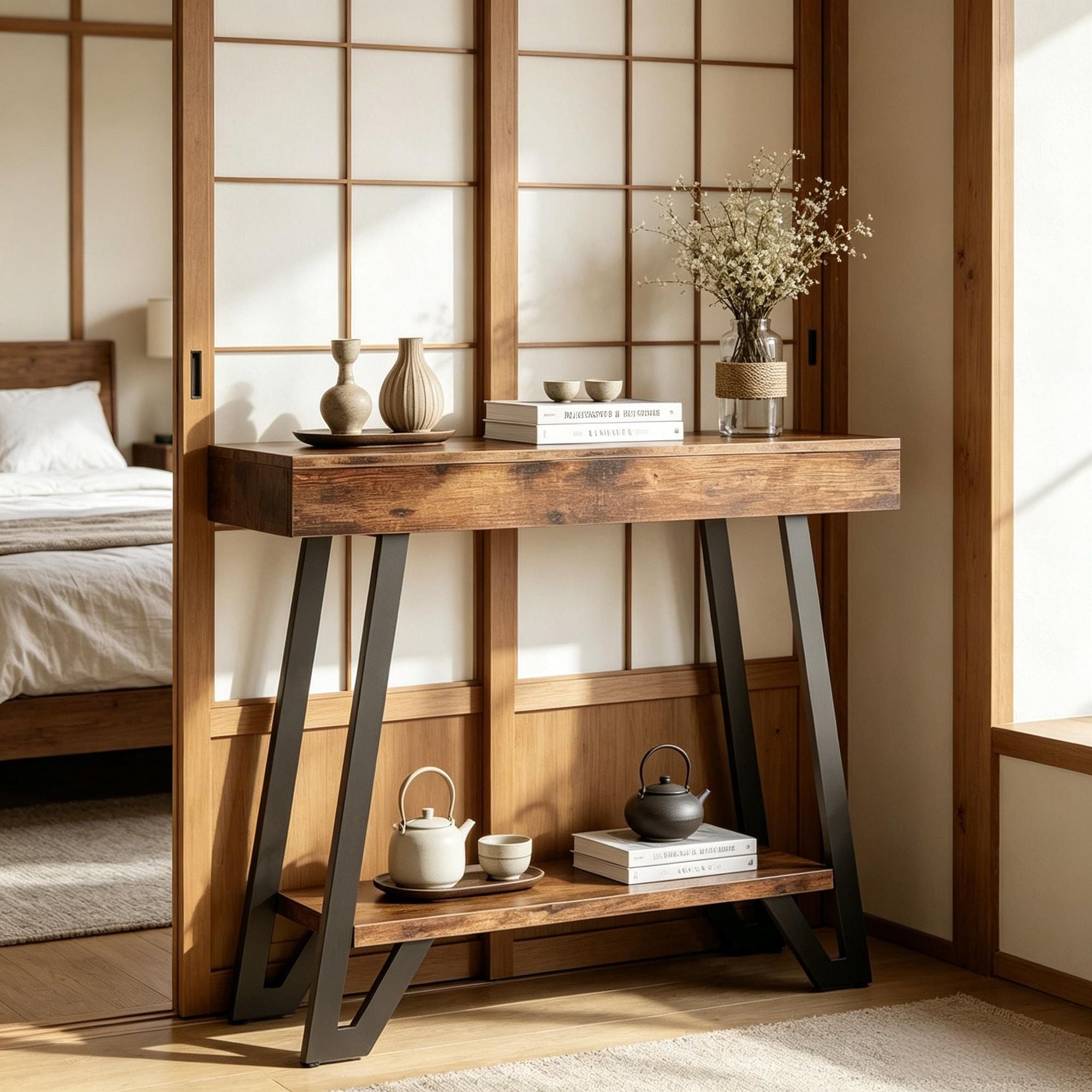 Industrial Two-Tier Console Table with Geometric Black Base