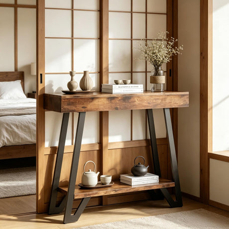 Industrial Two-Tier Console Table with Geometric Black Base