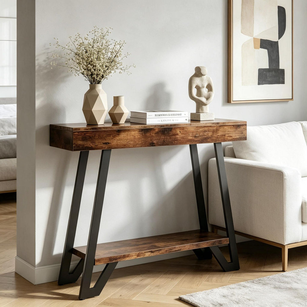 Industrial Two-Tier Console Table with Geometric Black Base