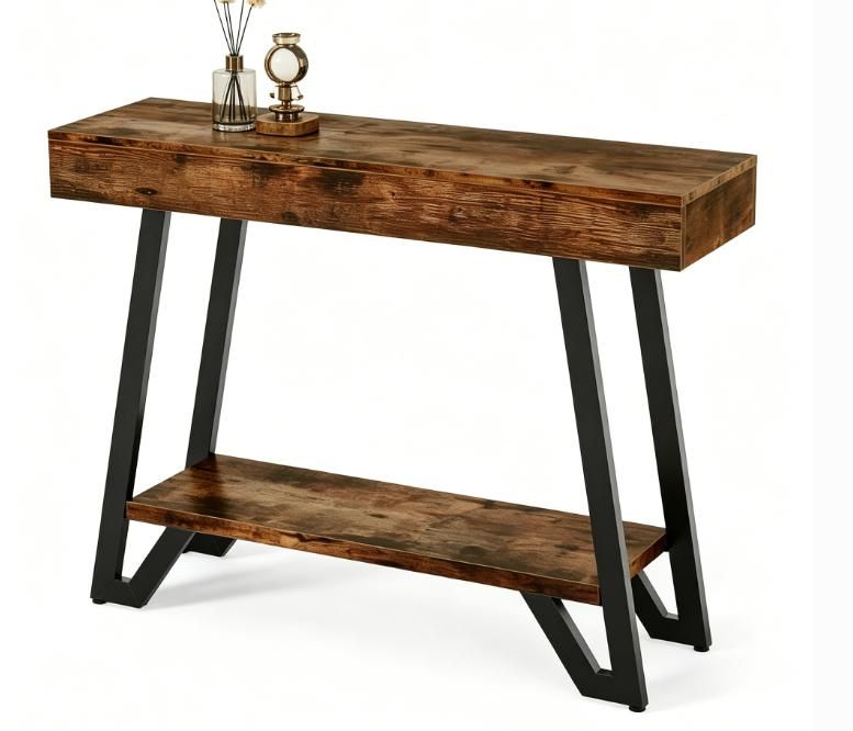 Industrial Two-Tier Console Table with Geometric Black Base