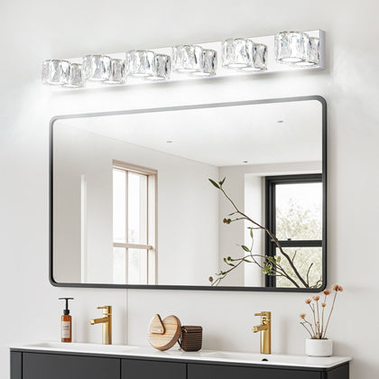 Modern Crystal LED Wall Sconce – Chrome Bathroom Vanity Light with Clear Crystal Shades