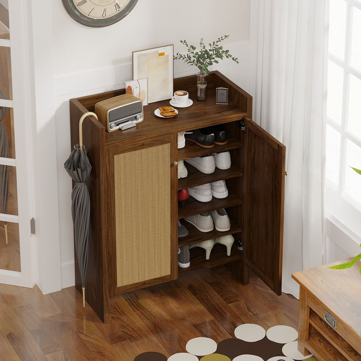 Mid-Century Shoe Cabinet with Woven Door Fronts