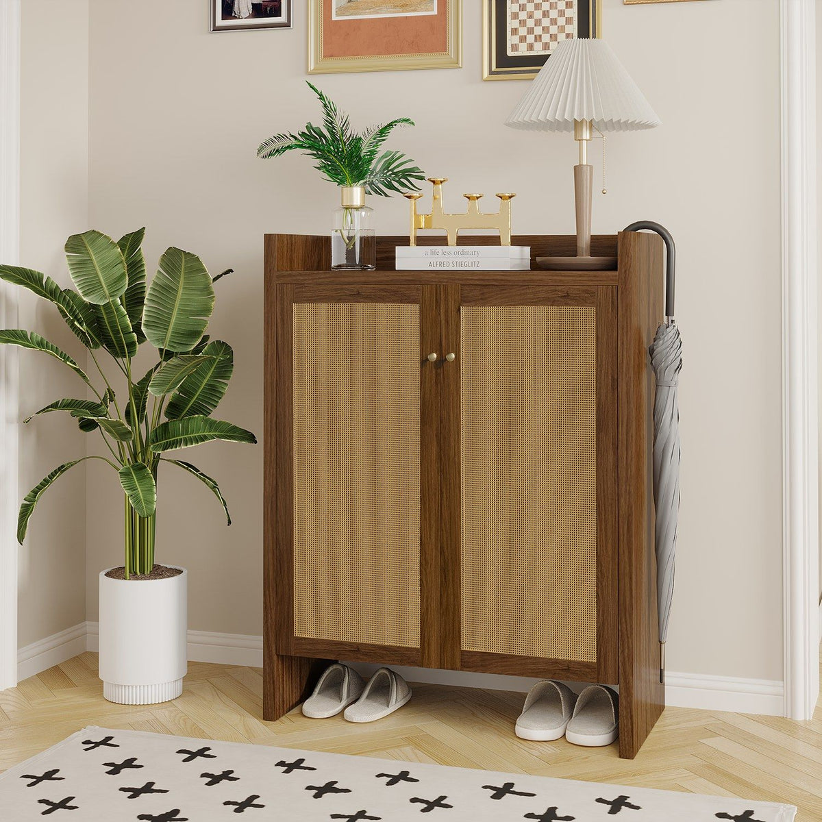 Mid-Century Shoe Cabinet with Woven Door Fronts