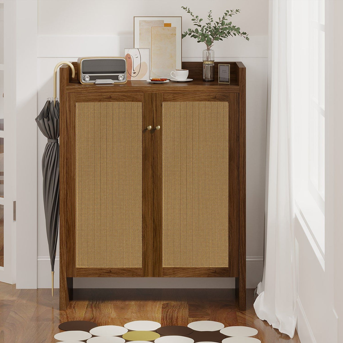 Mid-Century Shoe Cabinet with Woven Door Fronts